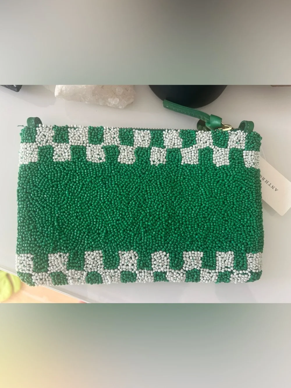 NWT Clare V Le Vibe Green, White & Yellow Hand Beaded Clutch Bag - Picture 2 of 10